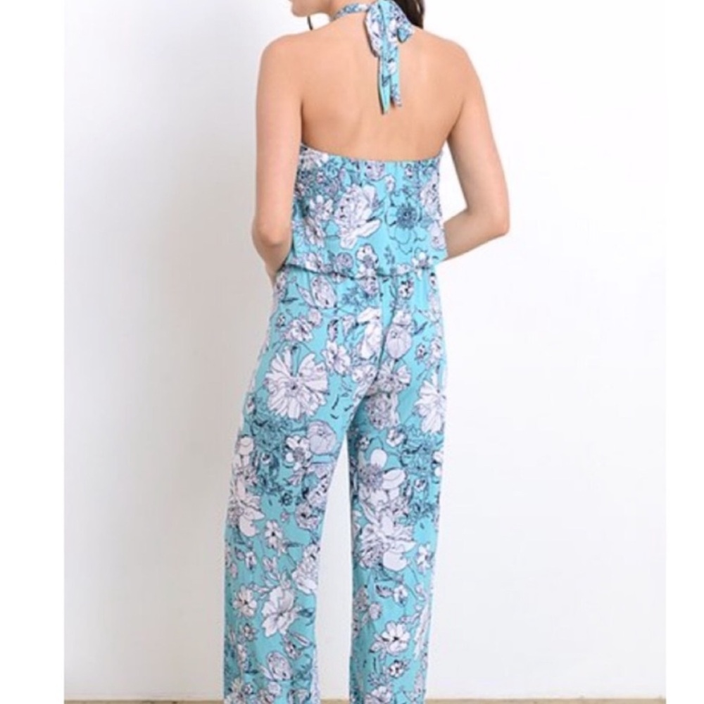 Stretchy Aqua Blue Floral Wide Leg Halter Jumpsuit - Picture 3 of 4